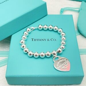 Tiffany & Co. Sterling Silver Bead Bracelet with Heart Tag - Turquoise Accent
